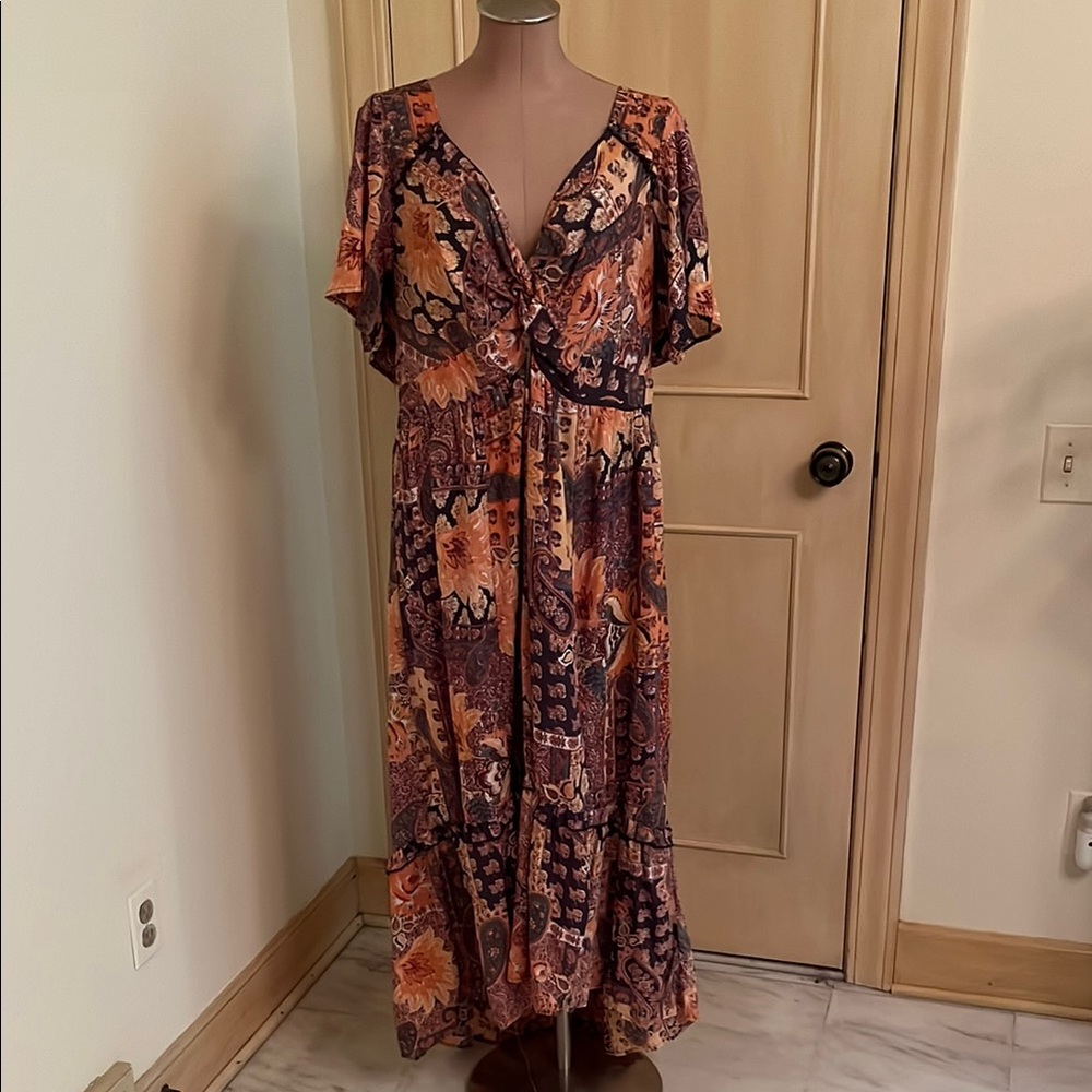 ANGIE Boho Granola Flutter SLV Smock V-Neck w/ Knot Ruffle Trim Floral Maxi 3X